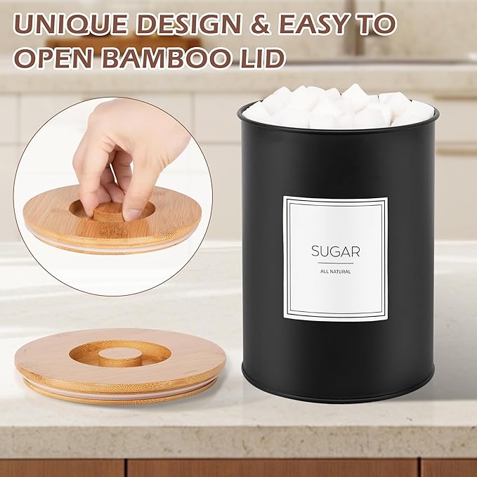 Canisters Sets for Kitchen Countertop, Black Metal Kitchen Canisters Set of 4, Flour and Sugar Storage Containers with Airtight Bamboo Lid and Stickers, Coffee and Tea Storage, Farmhouse Decor