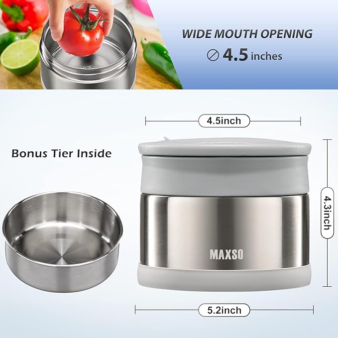 MAXSO Food Jar for Hot Food - 24 OZ Soup Thermo for Adults Vacuum Insulated Lunch Containers with Foldable Spoon & Thermal Bag, Wide Mouth Leakproof Bento Box - Silver