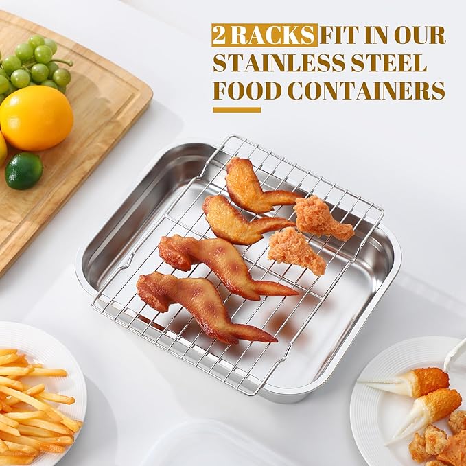Stainless Steel Food Prep Container with Clear Lid and Rack Half Size Hotel Pans Steel Tray with Lid Fruit Storage Containers for Home Kitchen Restaurant Hotel, 32 x 26 cm(2.6 Inch)