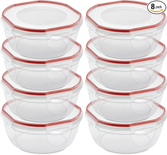 Sterilite Ultra-Seal 4.7 Qt Bowl, Large Airtight Food Storage Container, Latching Lid, Microwave and Dishwasher Safe, Clear With Red Gasket, 8-Pack