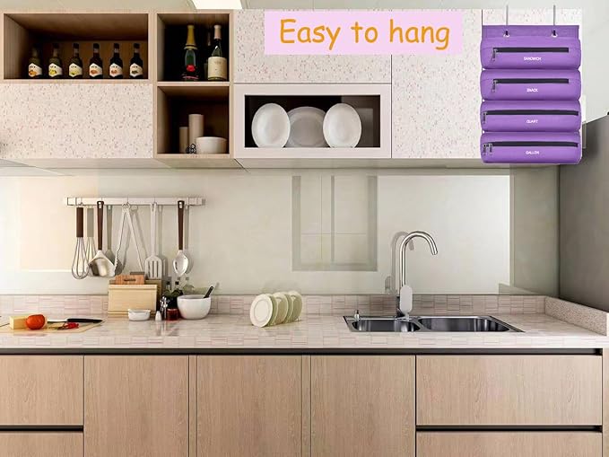 Zipper Bag Organizer Compatible with Gallon, Quart, Sandwich & Snack Food Storage Bag, Kitchen Plastic Bag Storage Organizer for Kitchen RV Camper (Purple)