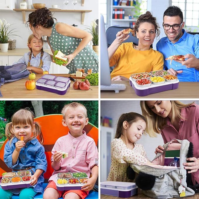DaCool Stainless Steel Kids Bento Lunch Box Leak Proof BPA-Free School Lunch Container 5-Compartment with Lunch Bag and Fork for Toddler Child Adult, Food Snack Container for Picnic Outdoors,Purple