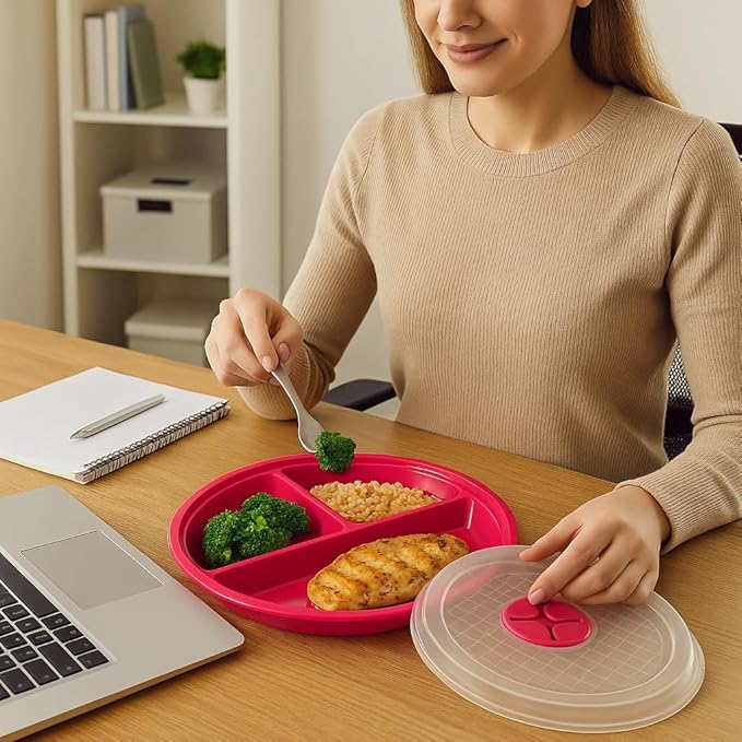 Dependable Industries inc. Essentials 3-Pack Divided Microwave Plates with Vented Lids – 8.75” x 8.75” – Meal Prep & Portion Control, BPA-Free, Stackable Food Storage, Freezer & Dishwasher Safe