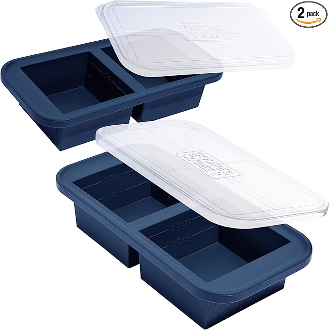 Souper Cubes 2 Cup Silicone Freezer Tray with Lids, Perfect for Storing Lasagna, Leftovers, Sauces, Portioned Meals and More, Silicone Soup Freezer Molds for Meal Prepping - Blueberry - 2-Pack
