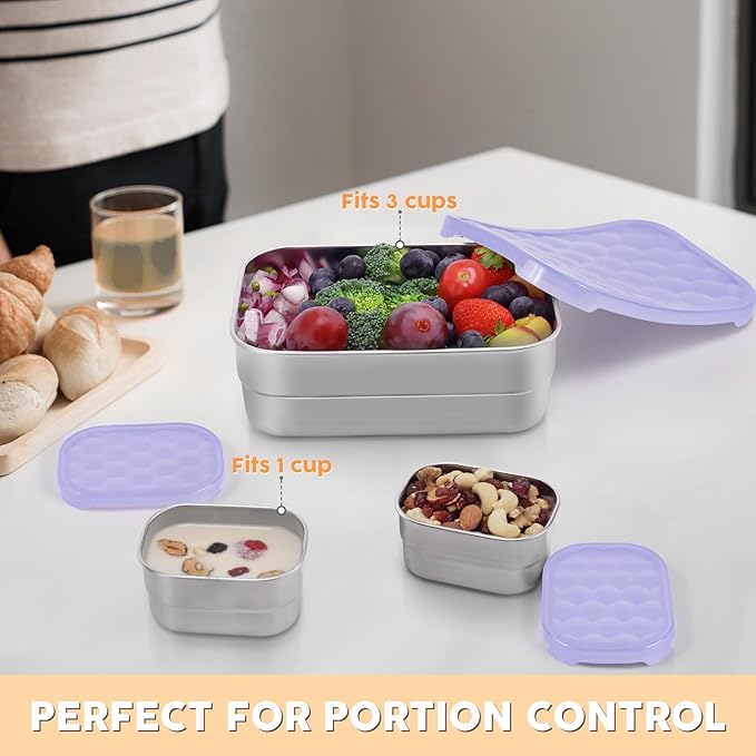 Small Stainless Steel Lunch Containers for Kids | Leak Proof BPA Free Snack Containers with 100% Pure Silicone Lids - Perfect Metal Lunch Box with Lids for School and Daycare (25oz+8oz*2)