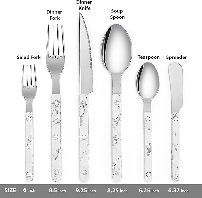 6-Piece Stainless Steel Flatware Silverware Cutlery Set - Color Handle with Rivet/Retro Style - Includes Dinner Knife; Dinner Fork; Salad Fork; Soup Spoon; Teaspoon; Spreader (MARBLE)