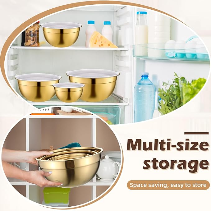 Shellwei Gold Mixing Bowls with Airtight Lids 24 Pcs Stainless Steel Mixing Bowls Set Size 1, 1.5, 2, 3.6, 7QT, Measuring Cups Spoons Baking Utensils Bowl for Kitchen Baking Serving Food