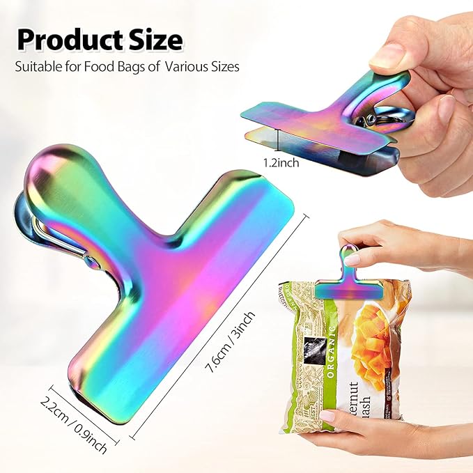 Pack of 8 Bag Clips, Stainless Steel and Heavy Duty Metal Bag Clip,Tightly Seals Chip, Coffee, Bread or Cereal Bags to Keep Food Fresh, for Home, Kitchen, Office, Pantry, Camping (Rainbow)