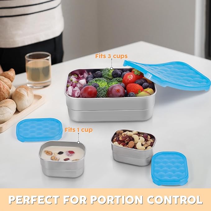 Small Stainless Steel Lunch Containers for Kids | Leak Proof Snack Containers with 100% Pure Silicone Lids - Perfect Metal Lunch Box with Lids for School and Daycare (25oz+8oz*2)