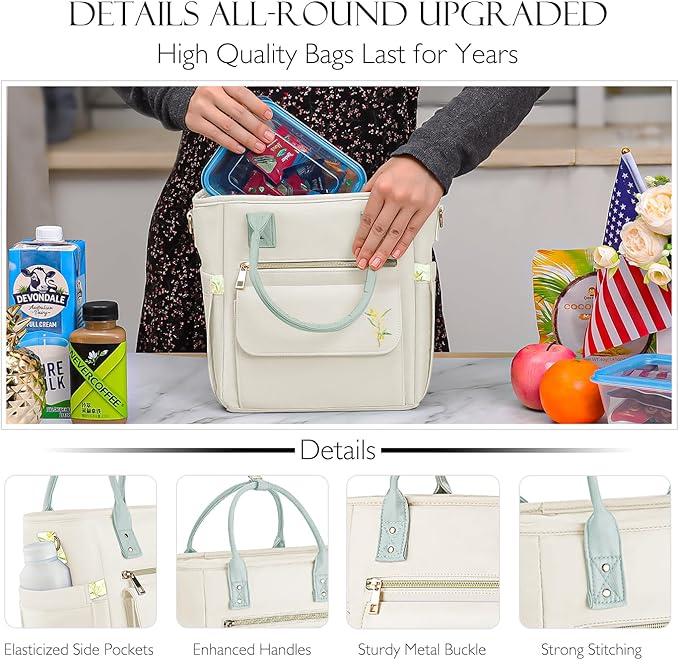 Deluxe Large Insulated Lunch Bag Box Women - Leakproof Waterproof Cooler with Multi Pockets Removable Strap for Work Picnic - Teacher Mothers Day Christmas Birthday Gifts