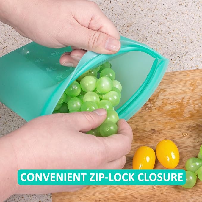 Reusable Sandwich & Snack Bags, 8 Pack 100% Silicone Food Storage Bags Stand Up Zip Lock for Food Container, Freezer Microwave Oven Dishwasher Safe, 4 Medium 4 Small, Aqua