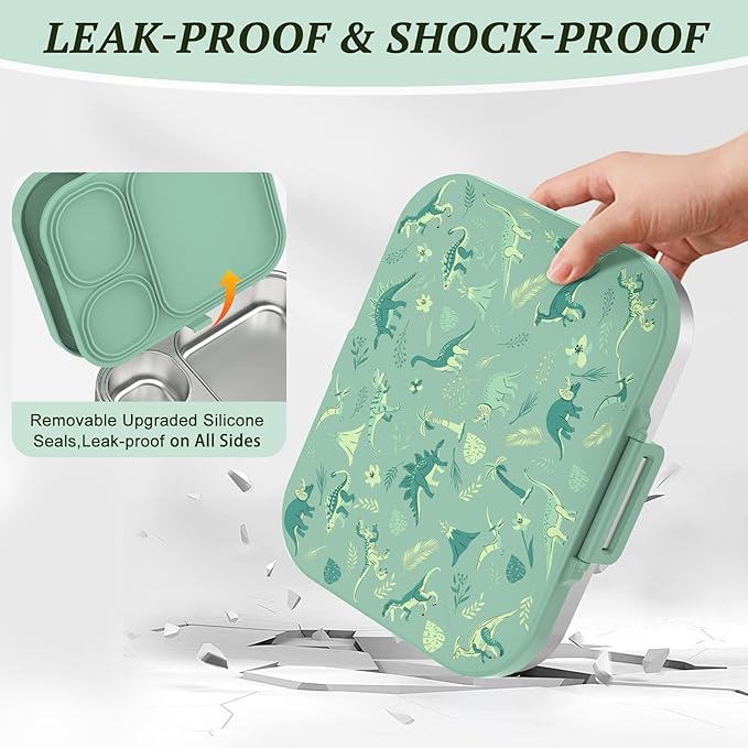 Kids Stainless Steel Lunch Box, Leak-Proof with free sealing Bento Box 3 Compartments Green Boy