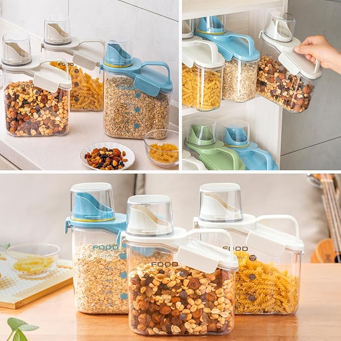 1 Piece Cereal Storage Container, 51oz/1.5L Compact Dry Food Storage Containers with Pouring Spout Measuring Cup for for Rice Nuts Beans Pet Food Snacks Candies, BPA Free, 1 PC