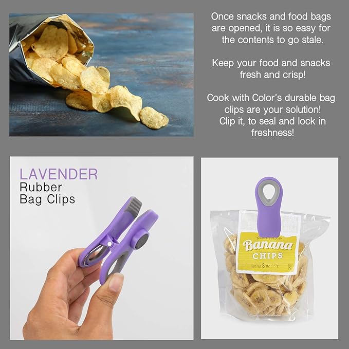COOK WITH COLOR Magnet Bag Clips - Chip Clips, Food Storage with Airtight Seal Grip for Bread, Snack and Food Bags (Lavender, Pack of 20)