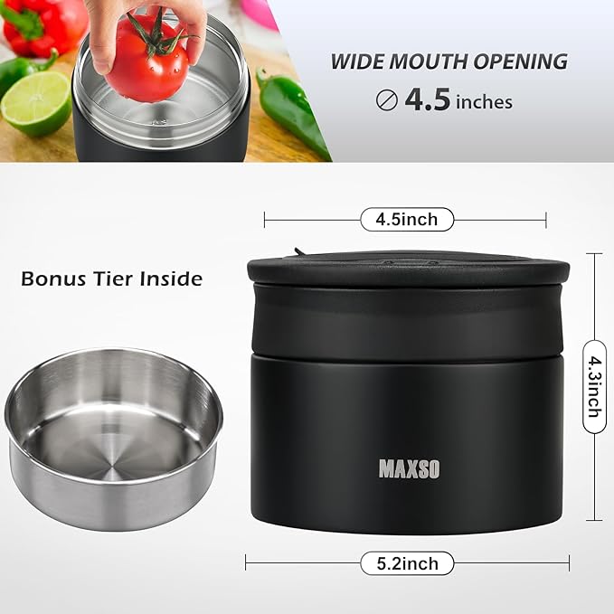 MAXSO Food Jar for Hot Food - 24 OZ Soup Thermo for Adults Vacuum Insulated Lunch Containers with Foldable Spoon & Thermal Bag, Wide Mouth Leakproof Bento Box - Black