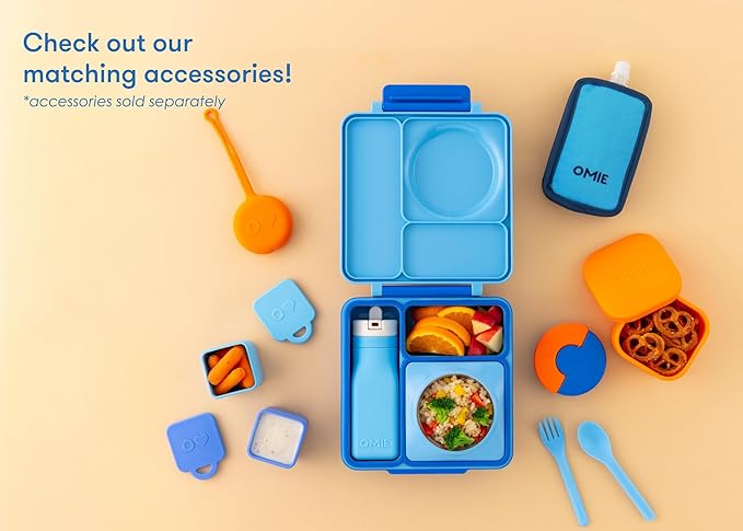 Omie OmieBox Bento Box for Kids - Insulated Lunch Box with Leak Proof Thermos Food Jar - 3 Compartments, 2 Temperature Zones (Blue Sky)