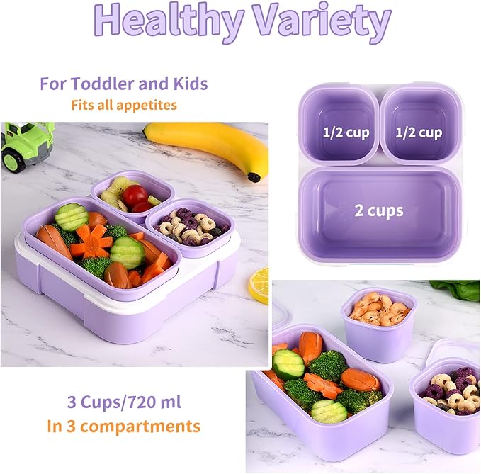 Genteen Small Kids Snack Containers for School 3 Compartment Travel Snack Containers with Dividers Portion Control Lunch box for Kids with Leak-proof Lids BPA Free (Purple + Blue)