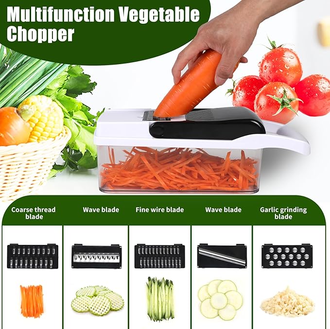 Multifunctional vegetable cutter 23 in 1 vegetable slicer, cucumber slicer, potatoes, tomatoes, zucchini, garlic, eggs, vegetable cutter with container and lid, salad cutter, dicing machine, shredder