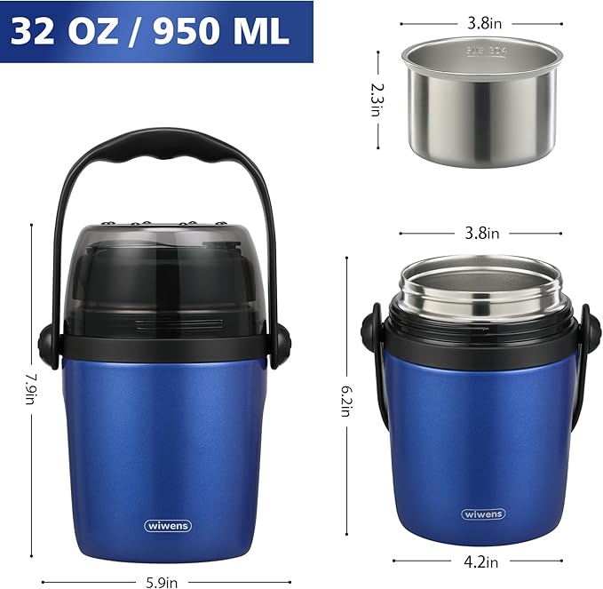 32oz Lunch Containers for Adults Kids Soup Thermo for Hot Food Jar Stainless Steel Insulated Vacuum Leak Proof Wide Mouth Thermal Bento Box with Spoon and Tritan Lid