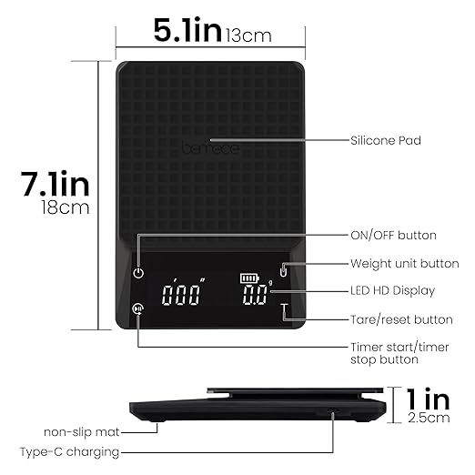 bemece 0.1g Precision Coffee Scale with Timer, Digital Espresso Scale with Back-Lit LCD Display, IPX6 Waterproof Drip Espresso Scale, 3 Units of Measurement for Espresso, French Press, Kitchen Use