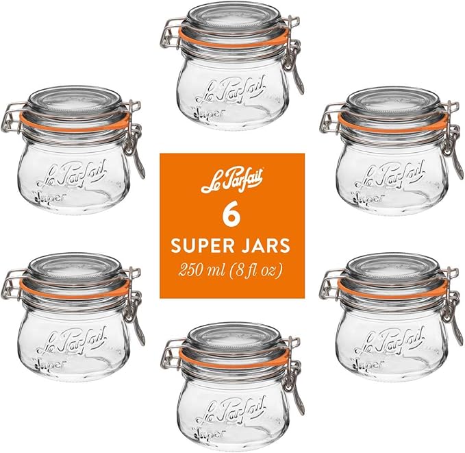 Le Parfait Super Jar, Canning Jars, 250mL French Glass Canning Jar w/Round Body, Glass Jars w/Airtight Lid, Canning Jars Wide Mouth, Glass Jar w/Lid, Clear Jars, Clear Glass Jars (8oz/Half Pint, 6 pk)