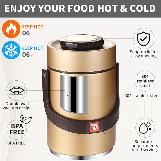 67 Oz Adults Stainless Steel Vacuum Soup Thermos For Hot Food with Inserts Stackable Bento Box and Lunch Bag,Width Mouth Portable Nsulated Food Jar Lunch Container (golden, 67 oz)