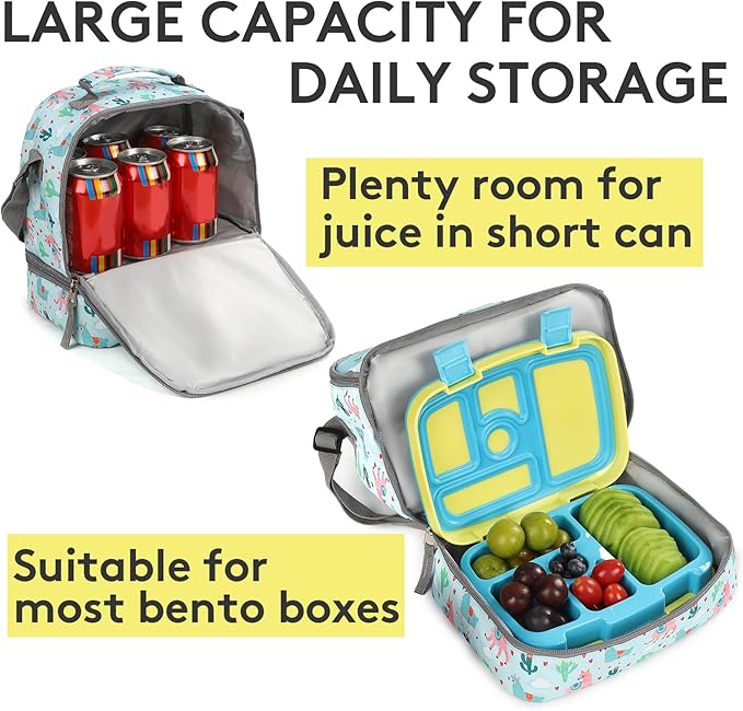 Tilami Lunch Bags Insulated Adjustable Strap Zipper, Two Compartments Cooler Bags, Bento Bags for Kids Toddlers, Blue Alpaca