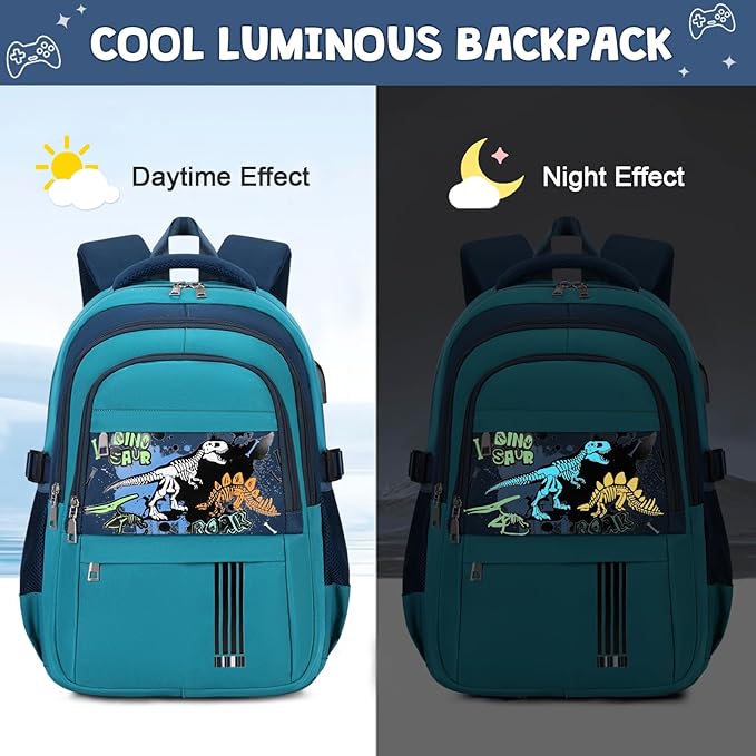 Luminous Boys Backpack - Dinosaur Bento Box with Insulated Lunch Bag Pencil Case & Utensils Set for Kids, 6 Leakproof Compartments Removable Tray Lunches or Snack Container (Green Dinosaur)