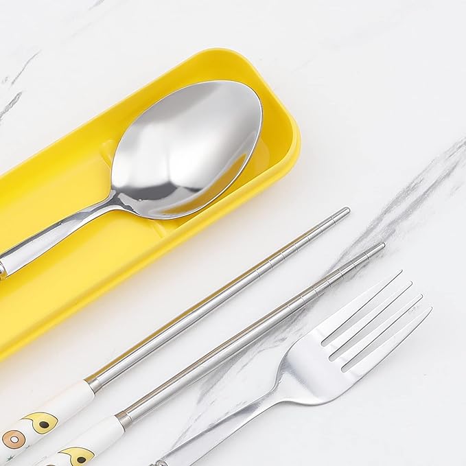 Cartoon Pooh Bear Print Portable Utensils with Case Pooh Piglet Reusable Flatware Set Chopsticks Fork Spoon Set for Travel Picnic, Middle, Blue