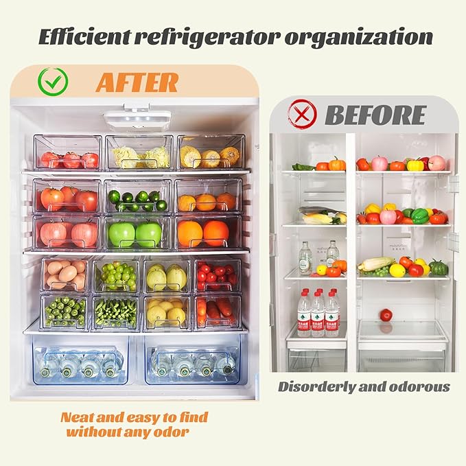 PeJeyiee 6 Pack Clear Stackable Refrigerator Organizers and Storage Drawers - Pull-Out Fridge Bins with Anti-Slip Base & Easy Clean, Plastic Organizers for Kitchen Pantry Cabinet Closet (Large)