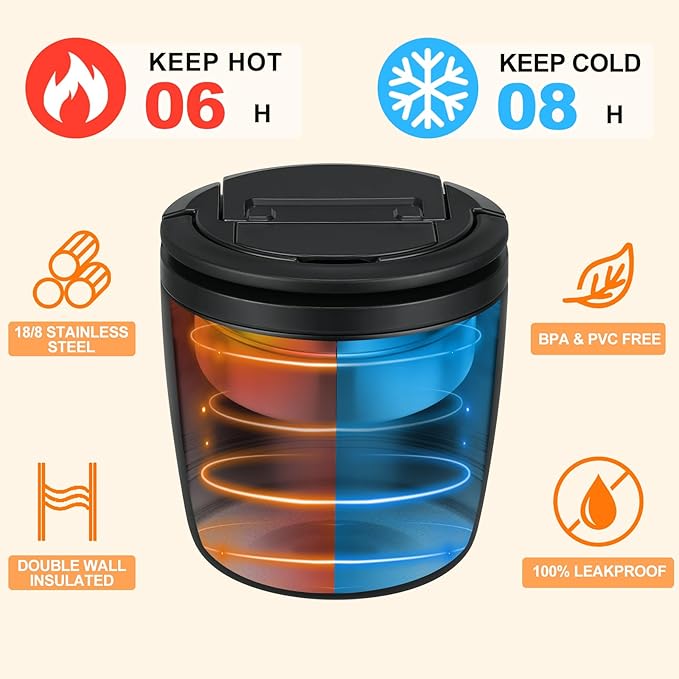 MAXSO Lunch Container 40 oz for Adults Stainless Steel Vacuum Insulated Food Jar, Soup Thermo for Hot Food Thermal Bento Box, Wide Mouth Leakproof Buckle Lid with Spoon - Black