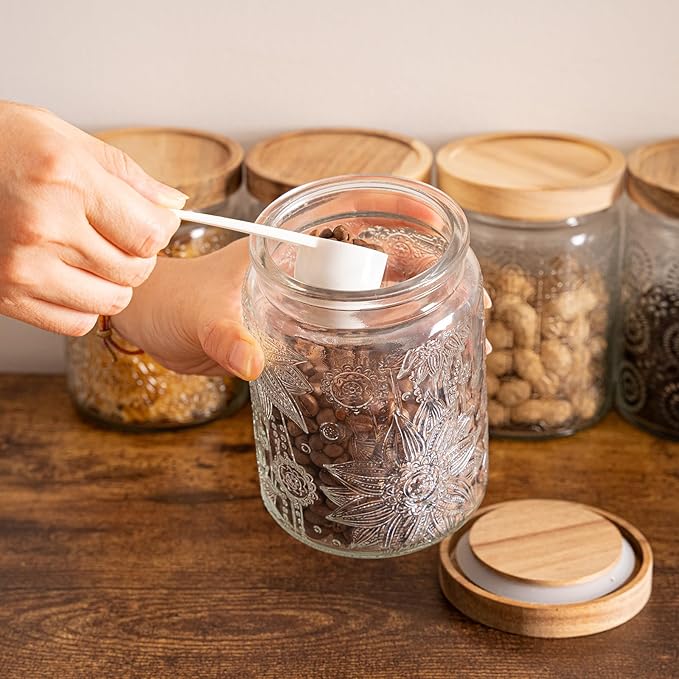 Glass Storage Jars 6 Pack 700ml(24oz) Multipurpose Vintage Storage Bottle with Wooden Lid Seal for Coffee, Nuts, Candies, Cereal, Cookies, Spices, Flour, and More. (6 Pack-700ml-Style A)