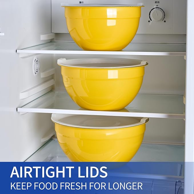 Yellow Mixing Bowls With Airtight Lids,Stainless Steel Bowl,Salad Bowls 7 Piece Colorful Nesting Bowl Rainbow Kitchen Accessories,Size 7,3.6,2.7,2.1,1.5,1.1,0.8QT Stackable Design