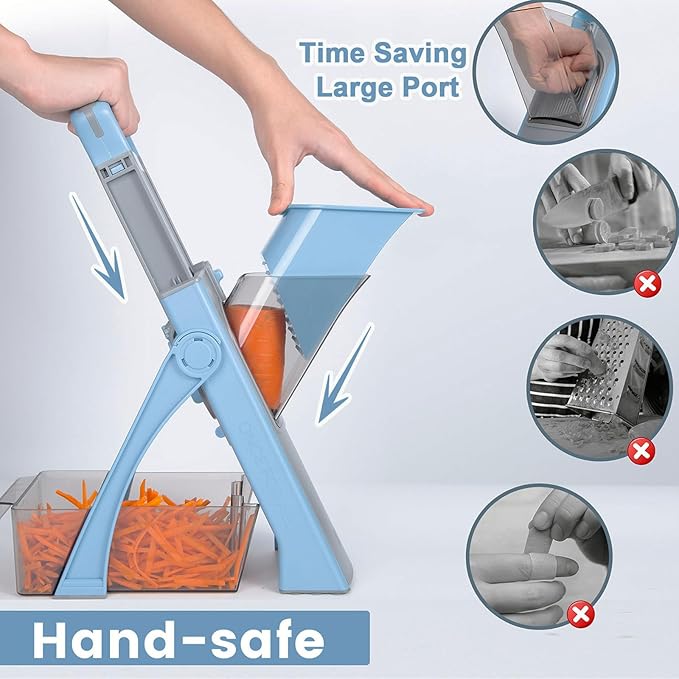 Upgrade Safe Mandoline Slicer for Kitchen, Chopper Vegetable Cutter, Potato Slicer Thickness Adjuster, French Fry Cutter, Veggie Dicer Faster Kitchen Mandolin for Meal Prep (Blue)