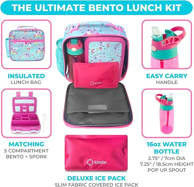 kinsho Bento Lunch Box with Water Bottle, Insulated Bag & Ice Pack Set for Kids Toddlers Girls, 4 Portion Sections, Removable Tray, Pre-School Kid Toddler Daycare Lunches, Snack Container, Pink Koala