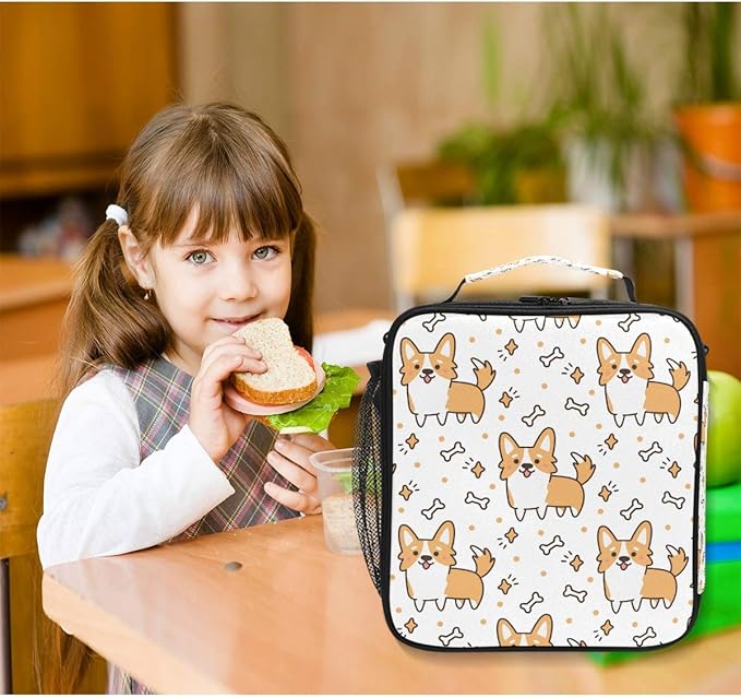 Pfrewn Corgi Dog Lunch Box Yellow Puppies Insulated Lunch Bag Cute Star Dogs Bone Reusable Cooler Meal Prep Bags Lunch Tote with Shoulder Strap for Office Adults School Kids Girls Boys Teens