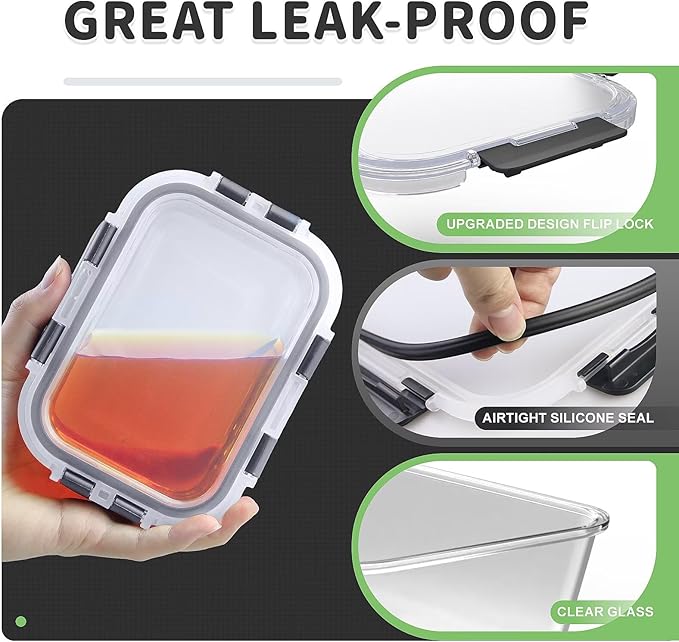 Glass Food Storage Containers 10 Pack, Glass Meal Prep Containers with Snap Lock Leakproof Lids, Reusable Microwave safe BPA-free Lunch Boxes (10 Containers & 10 Lids) 1040ml & 370ml