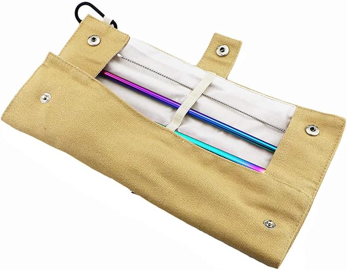 Reusable Travel Utensils, 7 Piece Portable 304 Stainless Steel including Knife Fork Spoon Chopsticks Cleaning Brush Straws Portable Pouch, Eco-friendly Camping Silverware Set, Dishwasher Safe