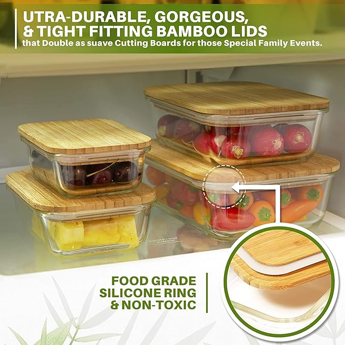 Glass Containers with Lids | Non Plastic Glassware Set - Natural Raw Organic Wooden Bamboo Lids | Set of 4 | Reusable, BPA Free | Perfect for Meal Prep, Lunch, Leftovers, Kitchen