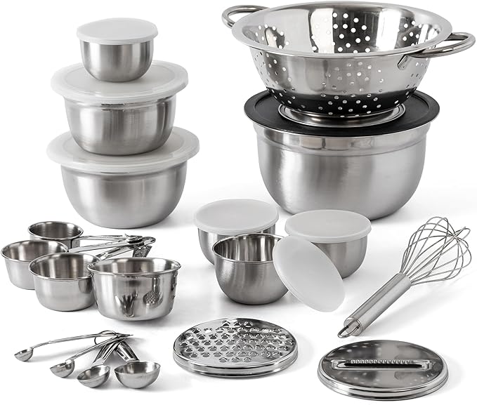 Oster Tobias 27 Piece Kitchen Tools and Prep Set (Collander, Mixing Bowls, Prep Bowls, Measuring Cups & Spoons, Whisk, Cheese Grater)