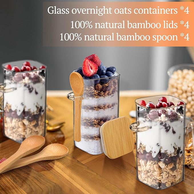 Pickmesh 4 Pcs Overnight Oats Containers with Lids Overnight Oats Jars Oatmeal Cups Square Glass Meal Prep Container with Bamboo Lids and Spoons Glass Jar for Pudding Yogurt (Square Style,16oz)