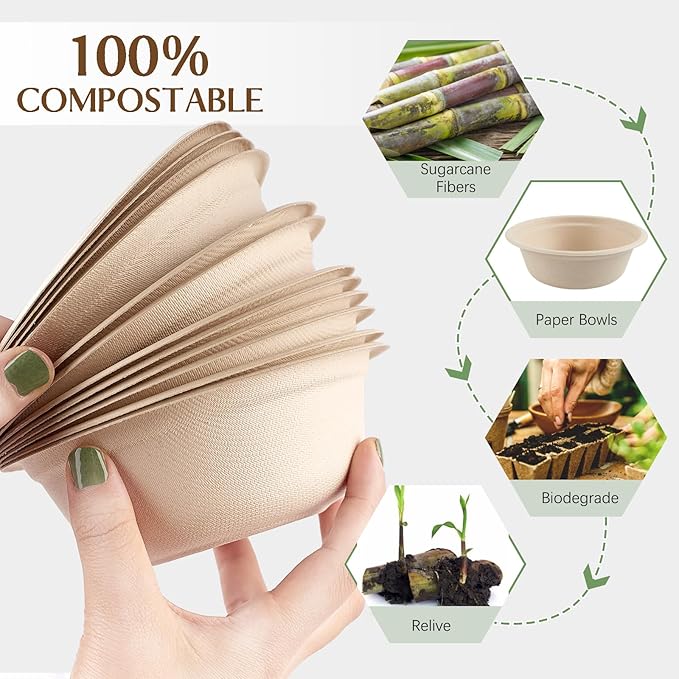 150 Pack 12 oz Paper Bowls Disposable Compostable Soup Bowls Natural Sugarcane Biodegradable Bowls for Ice Cream, Desserts, Pet Food