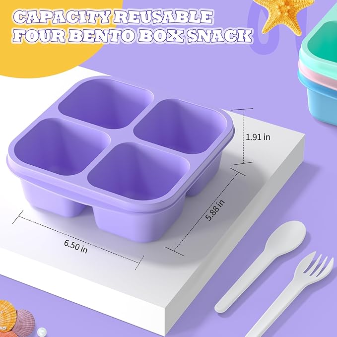 Bento Lunch Box for Kids (4 Pack) - 4-Compartment Salad Container for Lunch, Reusable BPA-Free Food Prep Containers, Snack Container for School, Work, and Travel (Solid Color)