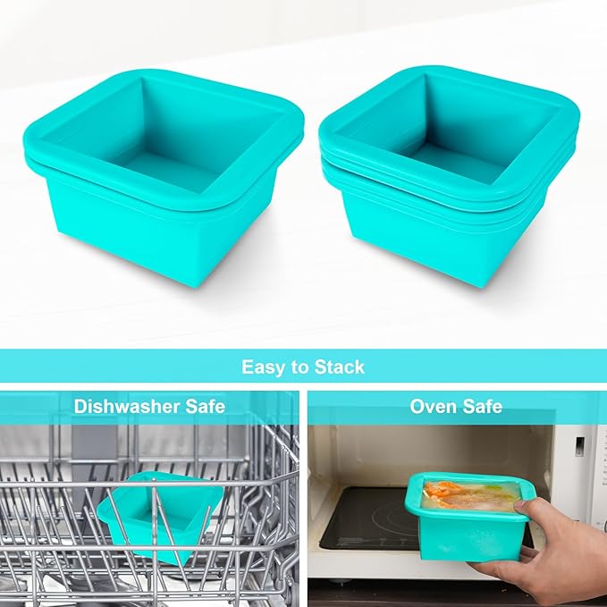 Silicone Freezer Tray with Lid 2 Pack Silicone Freezer Molds Ice Cube Tray Makes 2 Perfect 2 Cup Portions Soup Cubes Meal Prep Containers - Oven & Dishwasher Safe