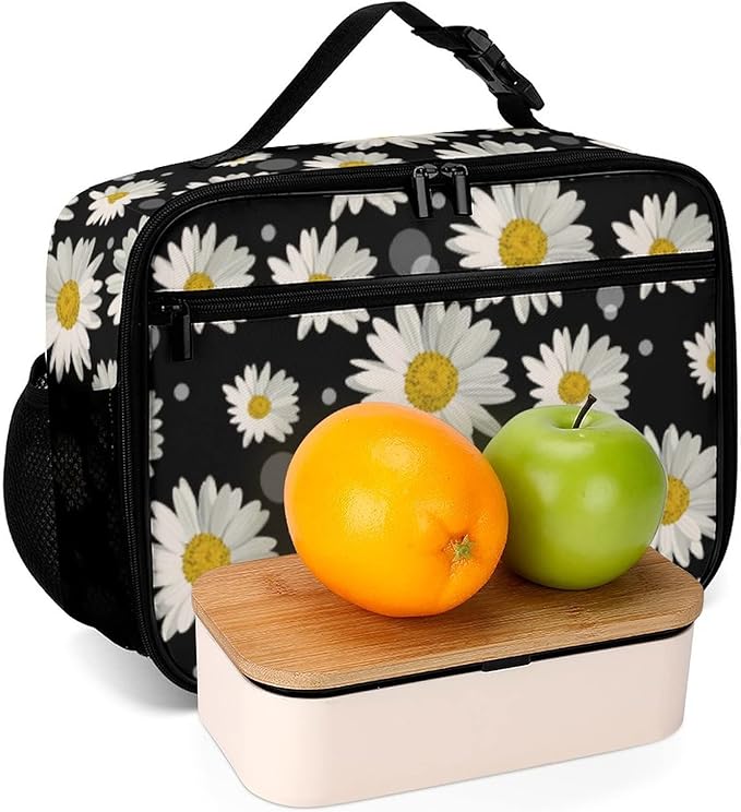 White Daisies Reusable Lunch Box Insulated Lunch Bag Cooler Bag Lunchbox Meal Food Container Tote Bag for Women Kids Girls School Camping Hiking Picnic Beach Travel