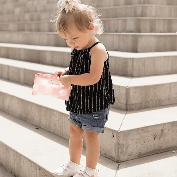 Tiny Twinkle 3 Pack Reusable Snack Bags - Machine Washable, PFAS, PVC, BPA, Phthalate-Free Reusable Baby and Toddler Food Safe Snack Bags (Pink Checkers)