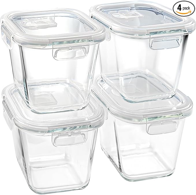 Glass Soup Containers with Lids 32 oz, 4 Cup Borosilicate Glass Food Storage Containers, Microwave & Freezer Safe Jars, Small Square Meal Prep Bowl for Salad, Fruit, Lunch, Ice Cream, Travel, 4 Pack