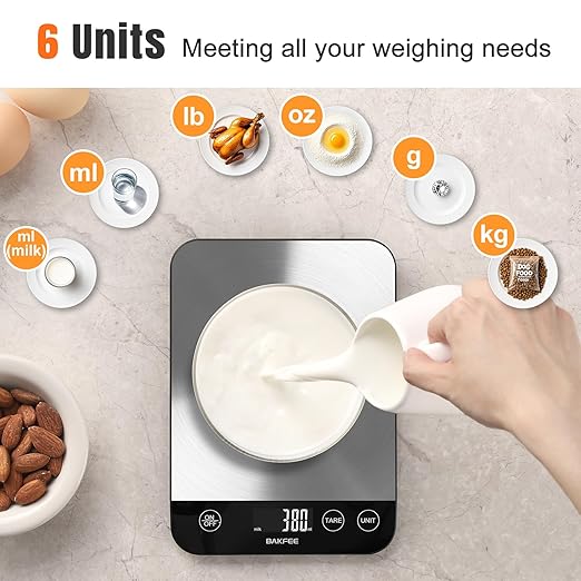 33LB Digital Kitchen Scale, Rechargeable Food Scale Grams and Ounces with Stainless Steel, USB Charging, 1g High Accuracy for Baking and Cooking, Food, etc