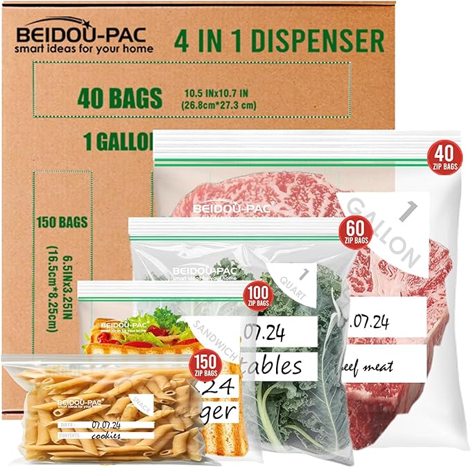 Combo Storage Zip Bags 350 Count, Resealable Variety Pack With Organizer, Reclosable Clear Plastic Snack, Sandwich, Quart, Gallon Assorted Size Bags