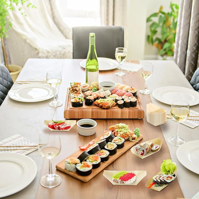 Hoolerry 300 Pcs Disposable Wood Boat Plates Dishes 4 Inches Bamboo Plates Sushi Boat Disposable Bamboo Leaf Dish Serving Tray Food Container Wood Bowl For Catering Home